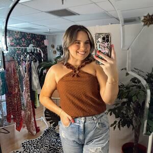 Anthropologie Marisol Ruffled Halter Blouse Brown Size Small